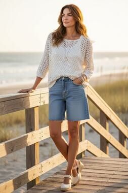 Chicos Womens White Pullover Open Knit Sequins Blouse Top Size 2 Large Sweater